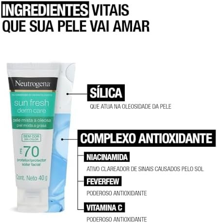 Neutrogena Sun Fresh Protetor Solar Facial Derm Care, Pele Oleosa, Sem Cor, FPS 70, 40g | .br 6 Neutrogena Sun Fresh Protetor Solar Facial Derm Care, Pele Oleosa, Sem Cor, FPS 70, 40g | .br - Imagem 6