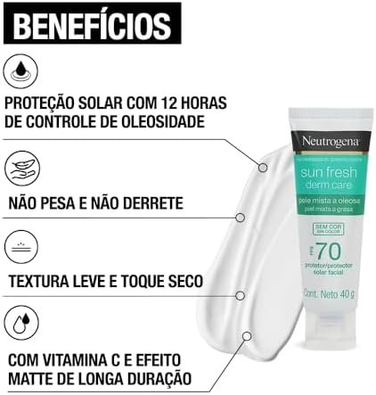 Neutrogena Sun Fresh Protetor Solar Facial Derm Care, Pele Oleosa, Sem Cor, FPS 70, 40g | .br 5 Neutrogena Sun Fresh Protetor Solar Facial Derm Care, Pele Oleosa, Sem Cor, FPS 70, 40g | .br - Imagem 5